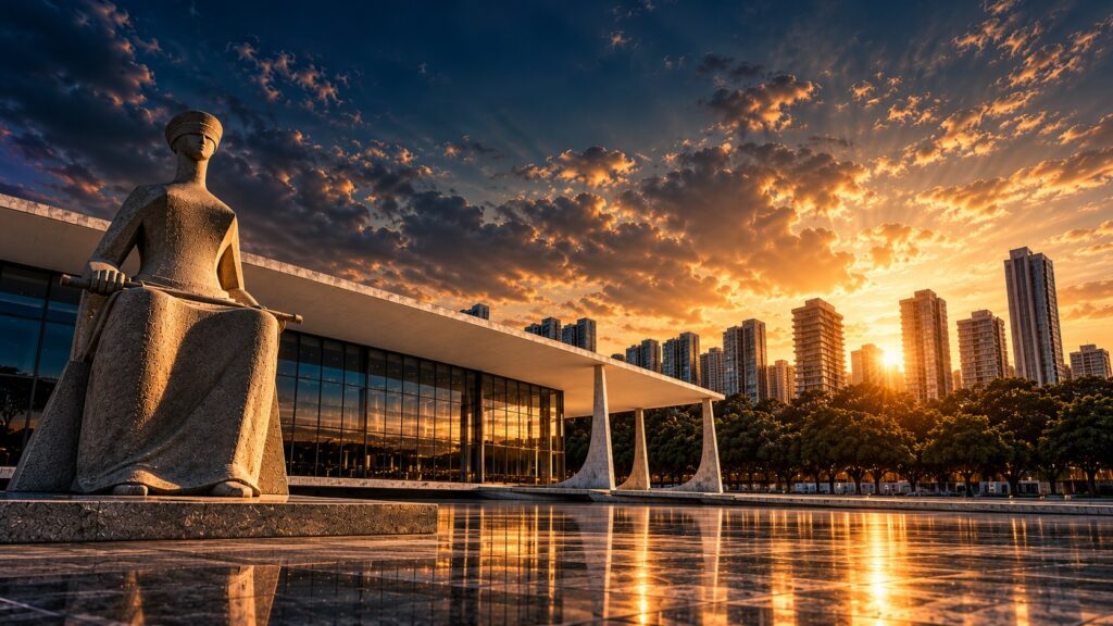 Estátua da Justiça em frente ao Supremo Tribunal Federal, em Brasília, ao pôr do sol